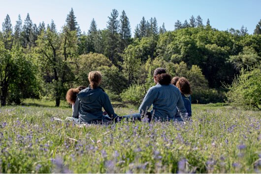 Family sits in a meadow of wildflowers enjoying the view of the Memorial Forest ahead of them.