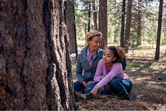 Family sits at the base of a Memorial Tree enjoying the Memorial Forest.