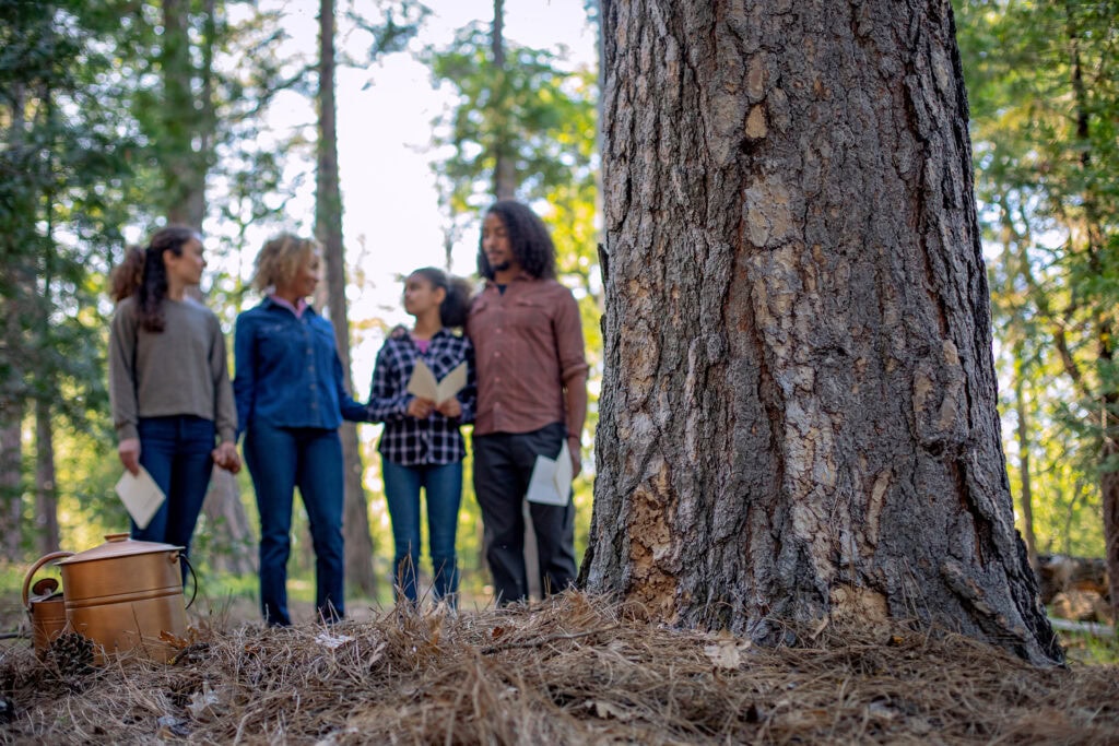 Family standing at the base of a Memorial Tree at a Forest Memorial Ceremony
