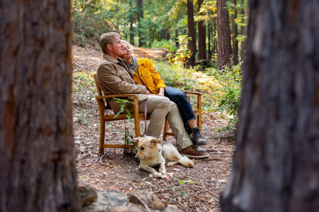 Couple sits on a bench in a Memorial Forest enjoying the surroundings and sunlight