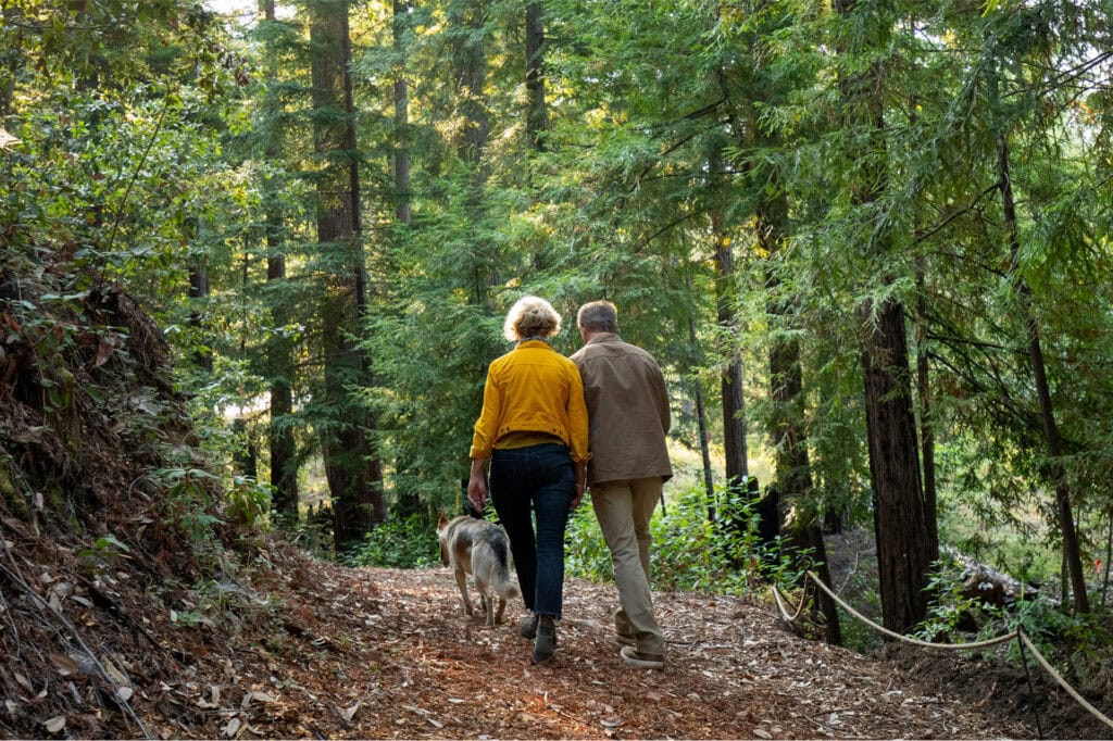 Couple with their dog walking a trail in a Memorial Forest