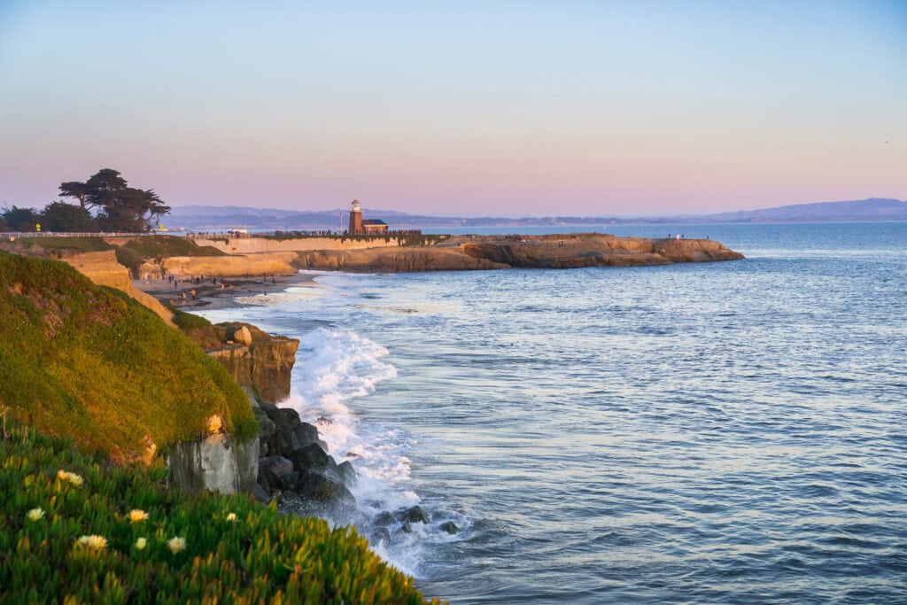 Sunset view of the Pacific Ocean rugged coastline, Santa Cruz, California