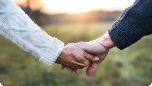A close-up of holding hands of senior couple in an autumn nature at sunset