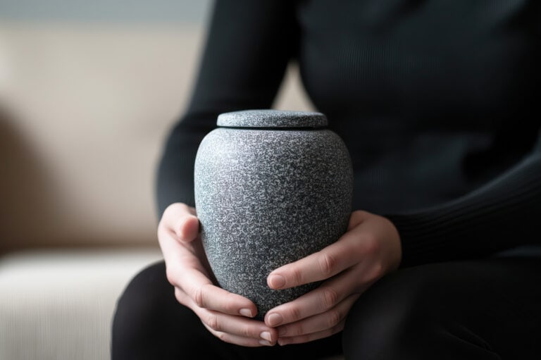 Widow sitting on a couch at home while holding a cremation urn containing her deceased husband's ashes.