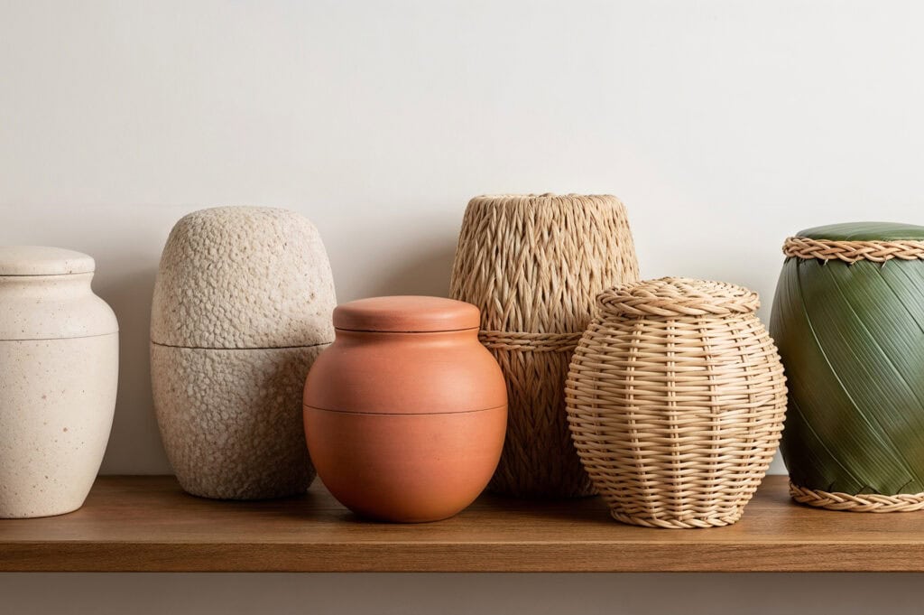 Biodegradable cremation urns made of natural materials on wooden shelf