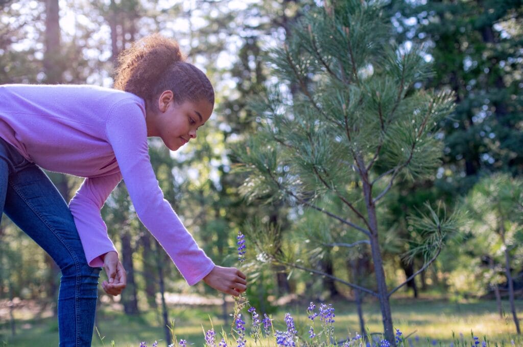 A young child picks a flower in memoriam for a loved one