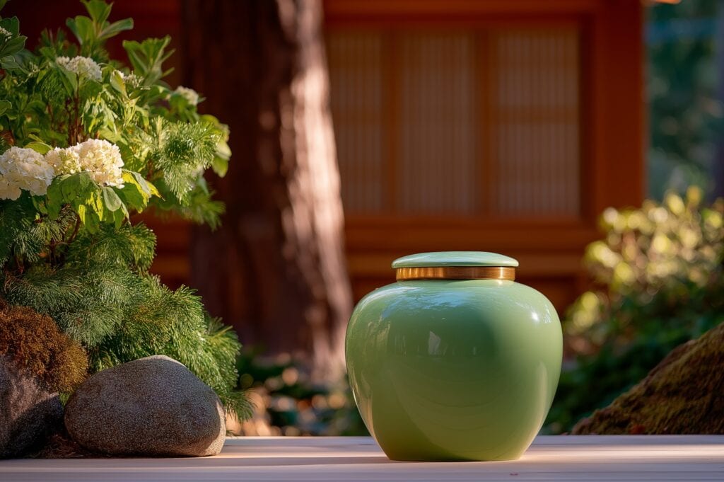 A cremation urn surrounded by plants