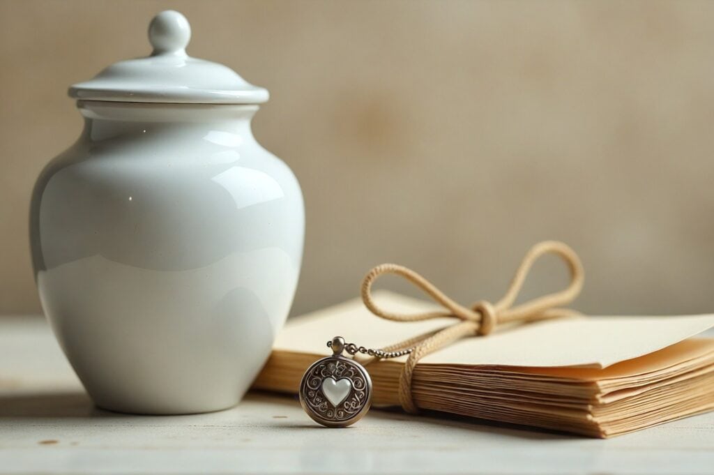 An urn for ashes next to a locket for cremation ashes