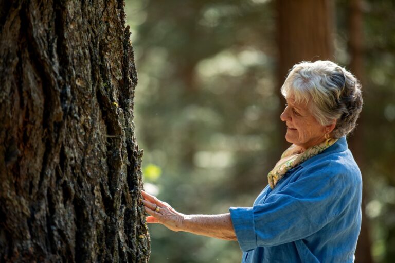 Woman places hand on the trunk of a memorial tree