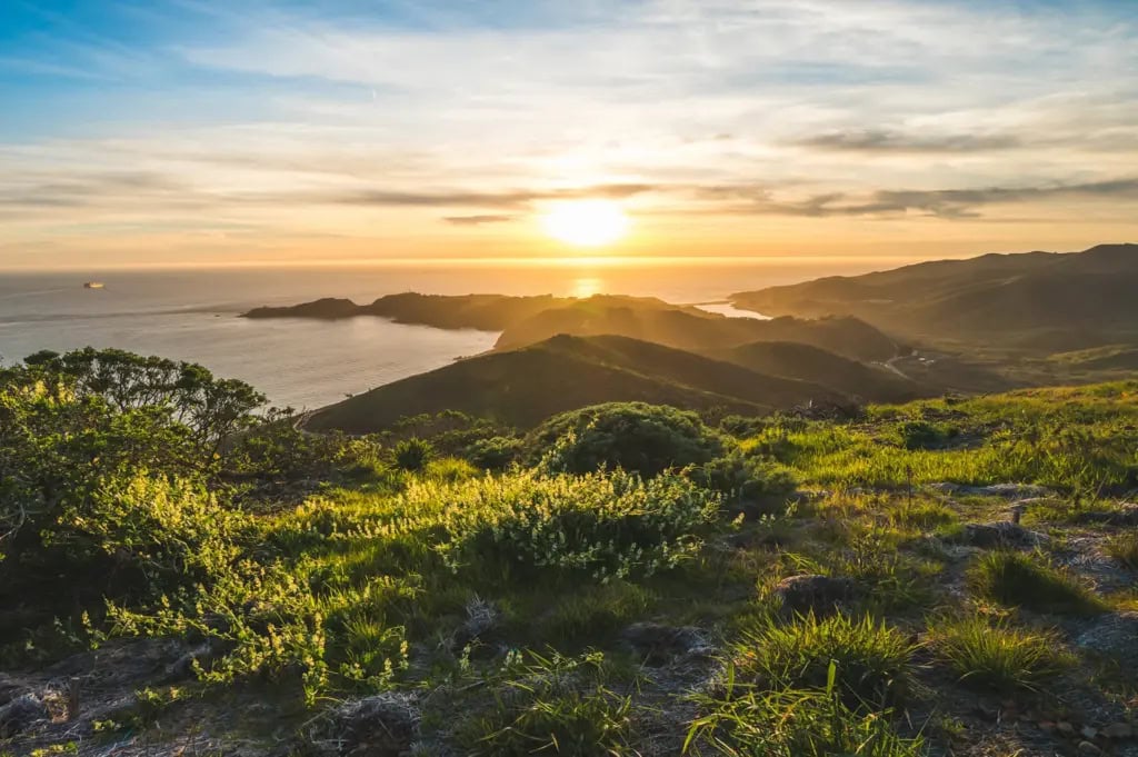 View of the Pacific Ocean from the Marin Headlands at sunset.