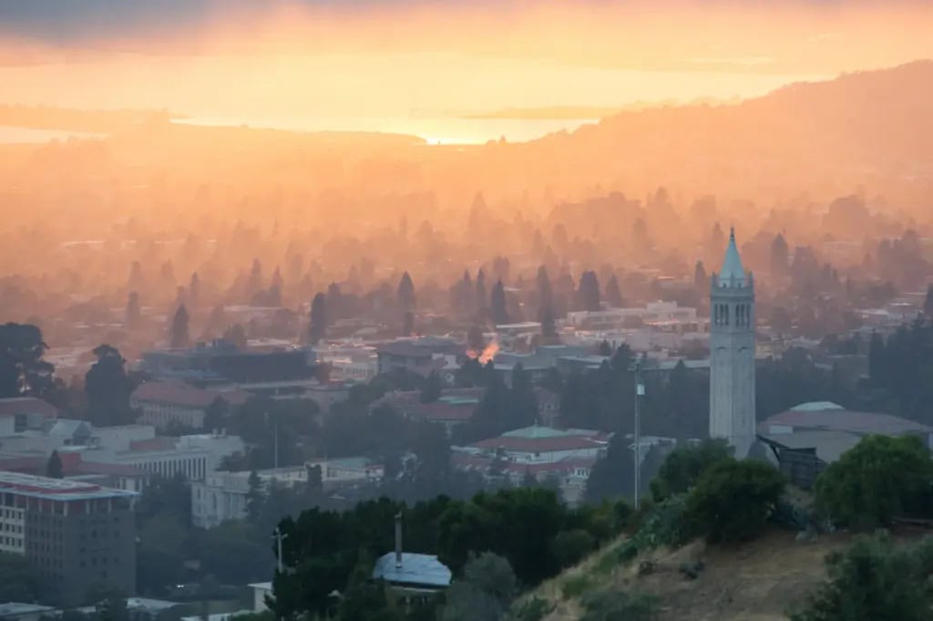 Beautiful view of the UC Berkeley campus from the Berkeley Hills during sunset.
