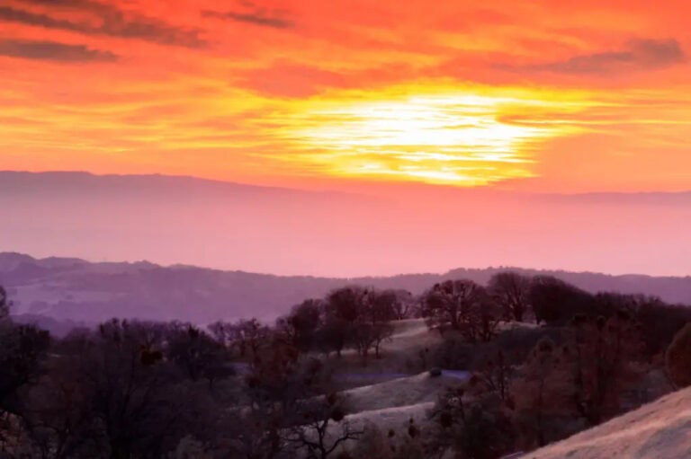 Hillside view of vibrant orange-red sunset sky at dusk.