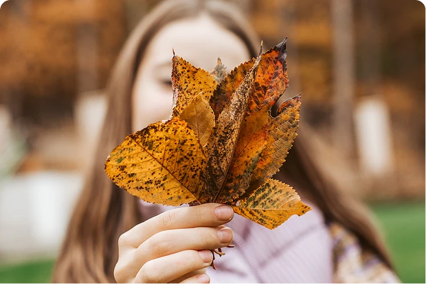 Woman holding a golden yellow leaf over her face.