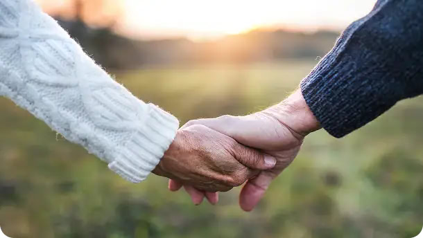 A close-up of holding hands of senior couple in an autumn nature at sunset
