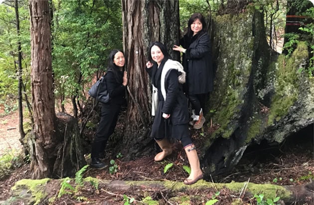 Three adult sisters stands joyfully against their parents' massive, moss-covered Memorial Tree in a dense forest.
