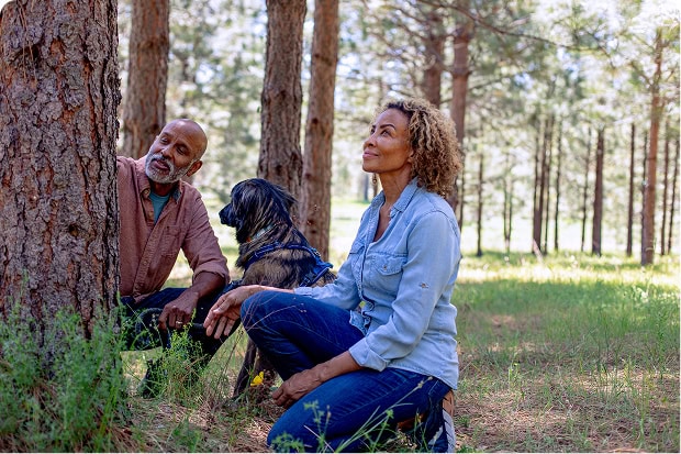 A couple sits peacefully at the base of a large tree in a forest, accompanied by a dog.