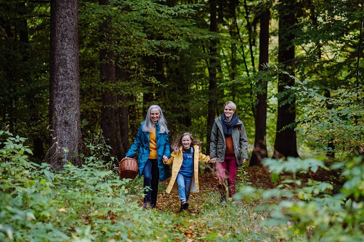Three generations of women walking hand-in-hand, smiling through a lush forest.
