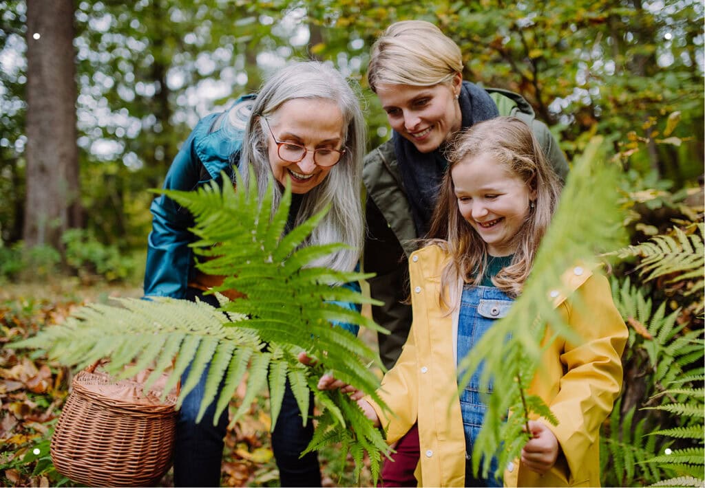 Three generations of women—grandmother, mother, and young granddaughter—stand together smiling in the forest; grandmother holds a wicker basket and granddaughter holds a fern frond.