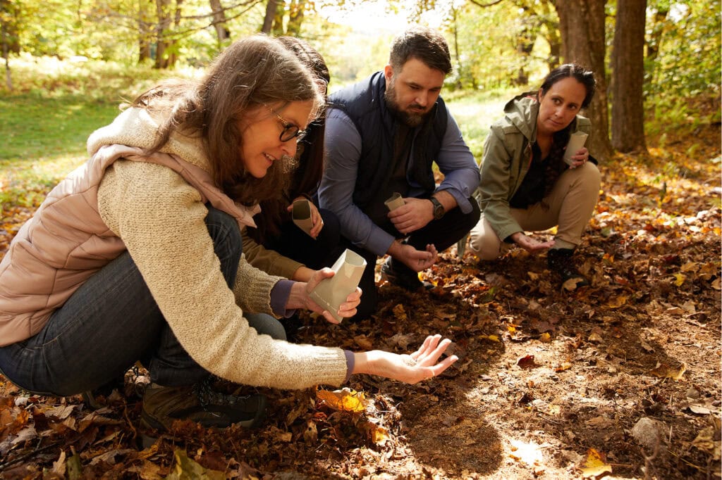 Four people kneel together on a forest floor covered in autumn leaves, examining the soil.