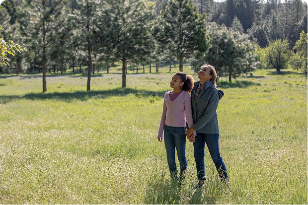 A mother and daughter walking together through a sunlit meadow among tall trees.